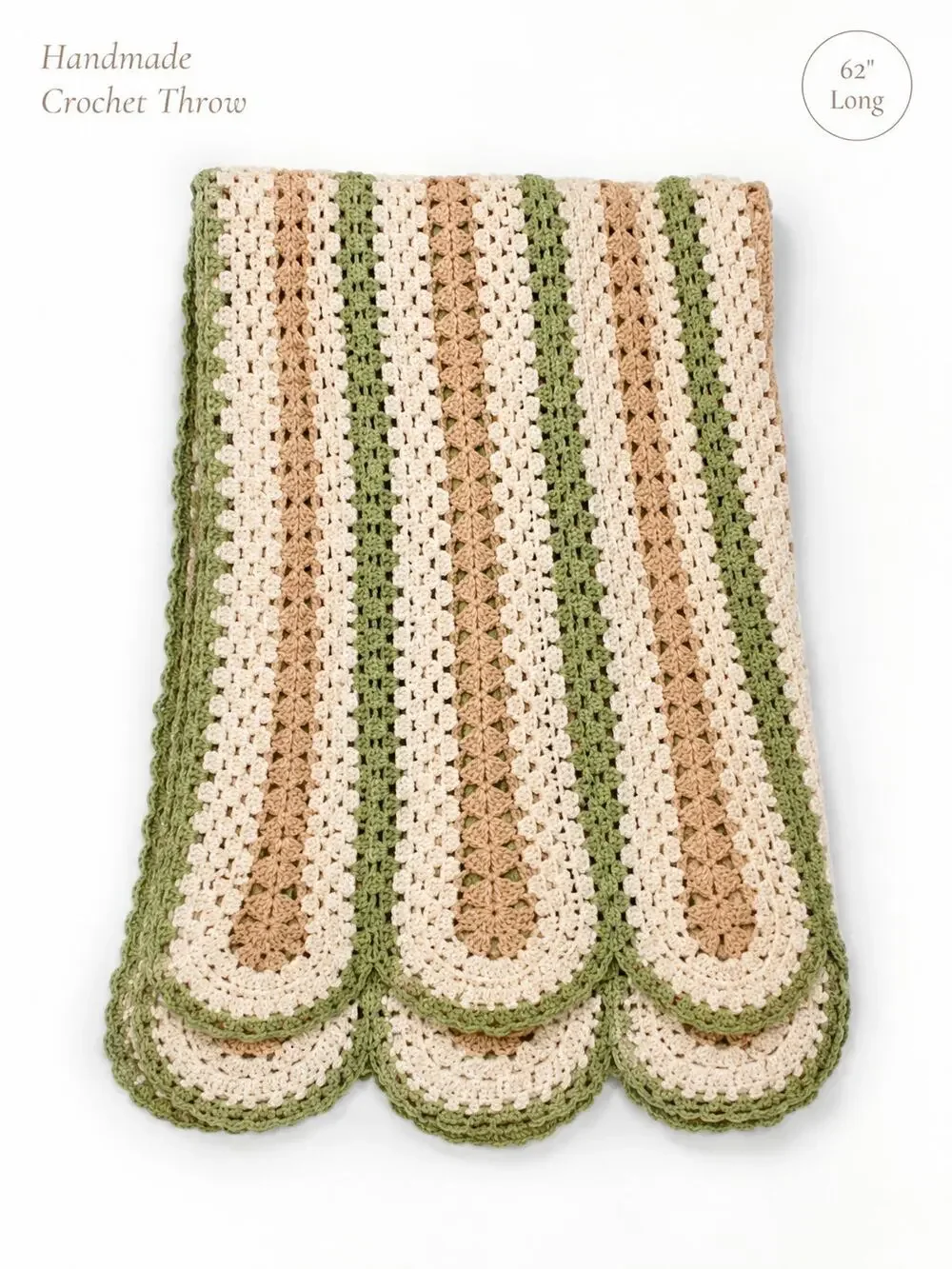Handmade Crochet Throw Blanket Cream Green Tan Scalloped Afghan 62